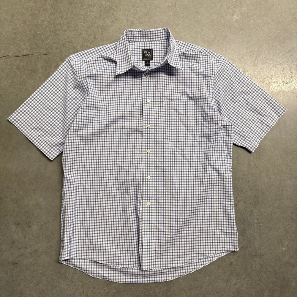 Jos A Bank Traveler Mens Large Blue White Grid Cotton Short Sleeve Button Down